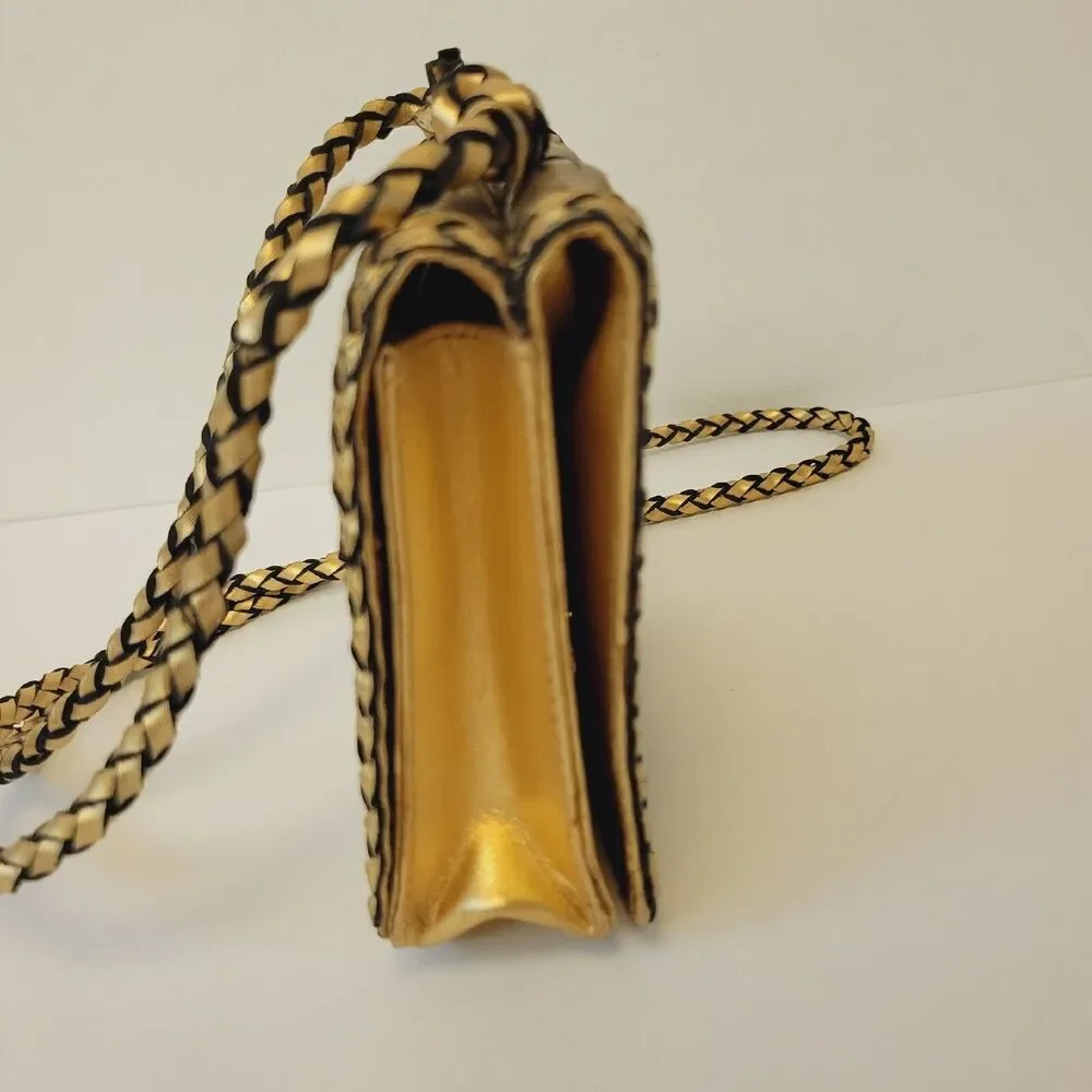 CEM Woven Leather Metallic Crossbody Bag Gold Bronze Small Braided Strap Vintage